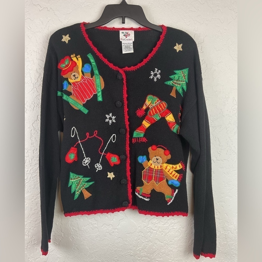 Women’s Vintage Nutcracker Christmas Teddy Bear Button Down Sweater Cardigan